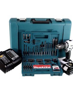 Makita DHP 453 STTK W Akku Schlagbohrschrauber 18V 42Nm + 1x Akku 5,0Ah + Ladegerät + 100 tlg. Bit Bohrer Set + Koffer