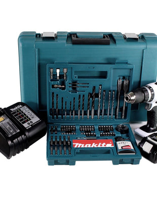 Makita DHP 453 SGTK W Akku Schlagbohrschrauber 18V 42Nm + 1x Akku 6,0Ah + Ladegerät + 100 tlg. Bit Bohrer Set + Koffer