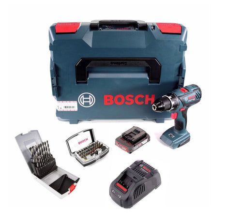 Taladro atornillador inalámbrico Bosch GSR 18V-28 18V 63Nm + 1x batería 2,0Ah + cargador + 19 piezas. Juego de brocas + juego de puntas de 32 piezas + L-Boxx