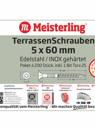 Meisterling Vis de terrasse 5x60 mm - 200 pièces (010010000021) CUT point 90 ° tête fraisée à tête fraisée avec Torx 2/3 gros filetage VA acier inoxydable