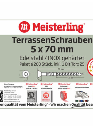 Meisterling Vis de terrasse 5x70 mm 200 pièces (010010000031) CUT point 90 ° tête fraisée à tête fraisée avec Torx 2/3 gros filetage VA acier inoxydable