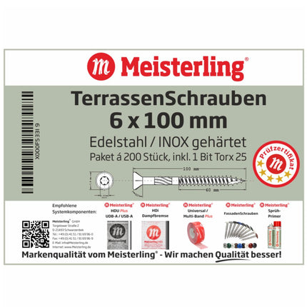 Meisterling Vis de terrasse 6x100 mm - 200 pièces (010010000051) CUT point 90 ° tête fraisée à tête fraisée avec Torx 2/3 gros filetage VA acier inoxydable