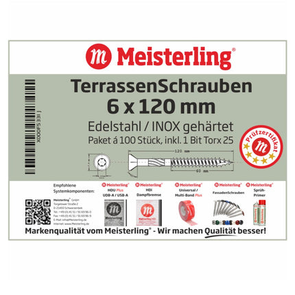 Meisterling Vis de terrasse 6x120 mm - 100 pièces (010010000061) CUT point 90 ° tête fraisée à tête fraisée avec Torx 2/3 gros filetage VA acier inoxydable