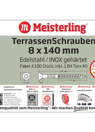 Meisterling Vis de terrasse 8x140 mm - 100 pièces (010010000071) CUT point 90 ° tête fraisée à tête fraisée avec Torx 2/3 gros filetage VA acier inoxydable