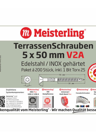 Tornillos para terraza Meisterling 5x50 mm 200 piezas (010010000201) Punta CUT Lente de 90° Cabeza avellanada con rosca gruesa Torx 2/3 Acero inoxidable V2A