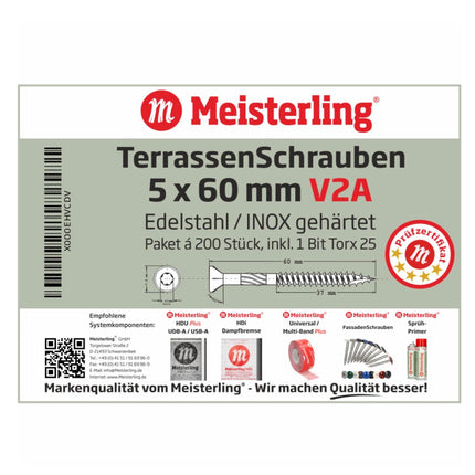 Meisterling Vis de terrasse 5x60 mm - 200 pièces (010010000211) CUT point 90 ° tête fraisée à tête fraisée avec Torx 2/3 gros filetage V2A acier inoxydable