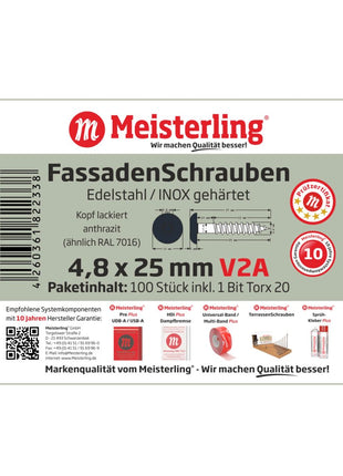 Meisterling Vis de façade 4,8x25 mm - 100 pièces (010020000011) tête plate 12 mm anthracite + Filetage partiel Torx en acier inoxydable V2A