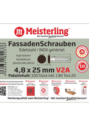 Meisterling Vis de façade 4,8x25 mm - 100 pièces (010020000031) tête plate 12 mm brun foncé + Filetage partiel Torx en acier inoxydable V2A