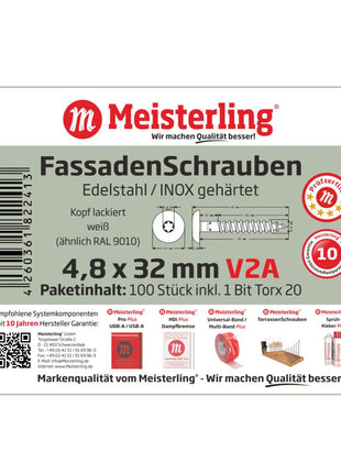 Meisterling Vis de façade 4,8x32 mm - 100 pièces (010020000101) 12 mm tête plate blanche + Filetage partiel Torx en acier inoxydable V2A