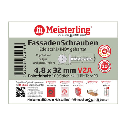 Meisterling Vis de façade 4,8x32 mm - 100 pièces (010020000121) tête plate 12 mm gris clair + Filetage partiel Torx acier inoxydable V2A