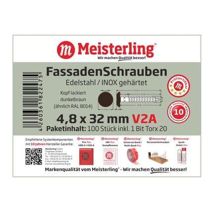 Meisterling Vis de façade 4,8x32 mm - 100 pièces (010020000131) tête plate 12 mm brun foncé + Filetage partiel Torx acier inoxydable V2A