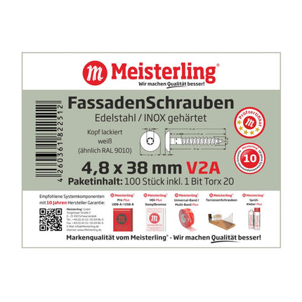 Meisterling Vis de façade 4.8x38 mm - 100 pièces (010020000201) 12 mm tête plate blanche + Filetage partiel Torx V2A acier inoxydable