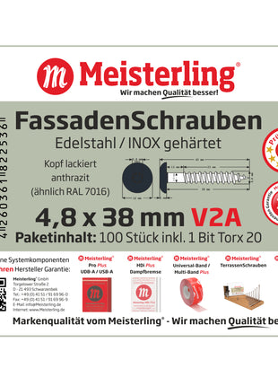 Meisterling Vis de façade 4,8x38 mm - 100 pièces (010020000211) tête plate 12 mm anthracite + Filetage partiel Torx en acier inoxydable V2A