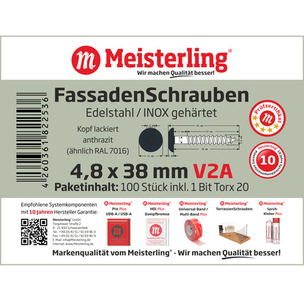 Meisterling Vis de façade 4,8x38 mm - 100 pièces (010020000211) tête plate 12 mm anthracite + Filetage partiel Torx en acier inoxydable V2A