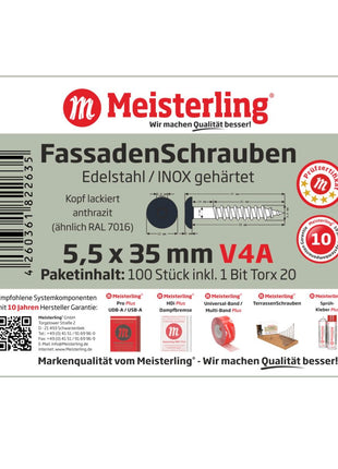 Meisterling Vis de façade 5,5x35 mm, 100 pcs., tête plate 12 mm, filetage partiel, empreinte Torx, acier inoxydable V4A, anthracite (010030000111)