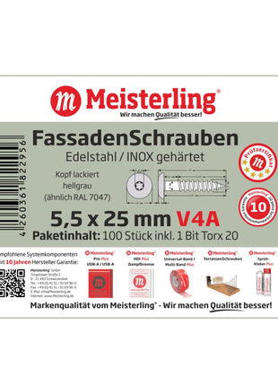 Meisterling Vis de façade 5,5x25 mm - 100 pièces (010030000021) tête plate 12 mm gris clair + Filetage partiel Torx V4A acier inoxydable