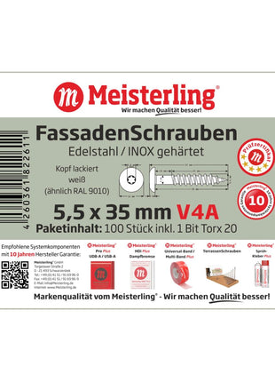 Meisterling Vis de façade 5,5x35 mm - 100 pièces (010030000101) 12 mm tête plate blanche + Filetage partiel Torx V4A acier inoxydable