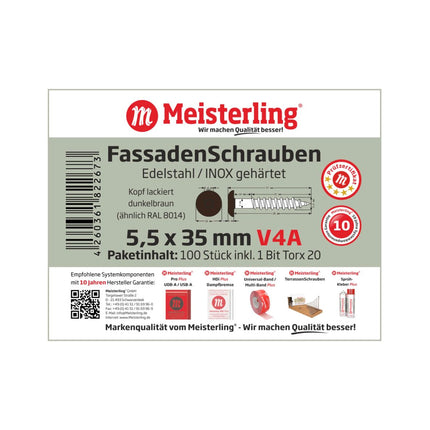 Meisterling Vis de façade 5,5x35 mm, 100 pcs., tête plate 12 mm, filetage partiel, empreinte Torx, acier inoxydable V4A, marron foncé (010030000131)