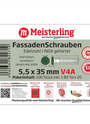 Meisterling Fassadenschrauben 5,5x35 mm 100 Stück ( 010030000141 ) 12 mm Flachkopf dunkelgrün mit Torx Teilgewinde V4A Edelstahl