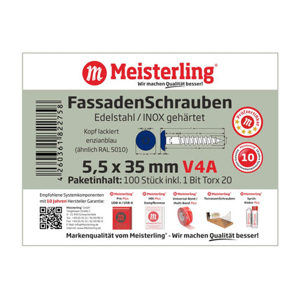 Meisterling Vis de façade 5,5x35 mm, 100 pcs., tête plate 12 mm, filetage partiel, empreinte Torx, acier inoxydable V4A, bleu gentiane (010030000161)