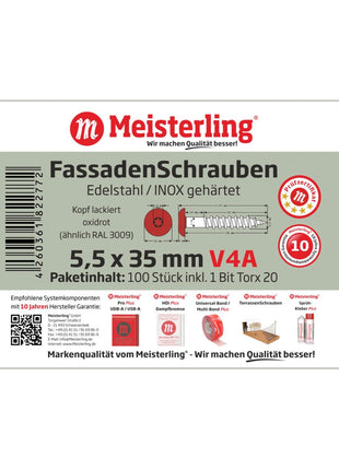 Meisterling Vis de façade 5,5x35 mm, 100 pcs., tête plate 12 mm, filetage partiel, empreinte Torx, acier inoxydable V4A, rouge oxyde (010030000171)