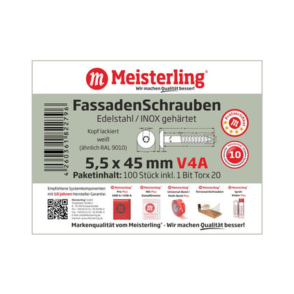 Meisterling Vis de façade 5,5x45 mm, 100 pcs., tête plate 12 mm, filetage partiel, empreinte Torx, acier inoxydable V4A, blanc (010030000311)