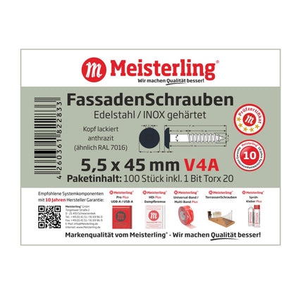 Meisterling Vis de façade 5,5x45 mm, 100 pcs., tête plate 12 mm, filetage partiel, empreinte Torx, acier inoxydable V4A, anthracite (010030000321)