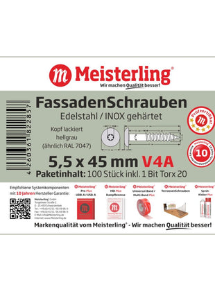 Meisterling Vis de façade 5,5x45 mm, 100 pcs., tête plate 12 mm, filetage partiel, empreinte Torx, acier inoxydable V4A, gris clair  (010030000341)