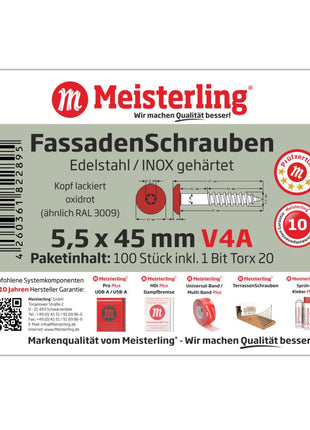 Meisterling Vis de façade 5,5x45 mm, 100 pcs., tête plate 12 mm, filetage partiel, empreinte Torx, acier inoxydable V4A, rouge oxyde (010030000351)