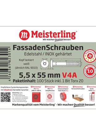 Tornillos para fachada Meisterling 5,5x55 mm 100 piezas (010030000411) 12 mm cabeza plana blanco con rosca parcial Torx Acero inoxidable V4A