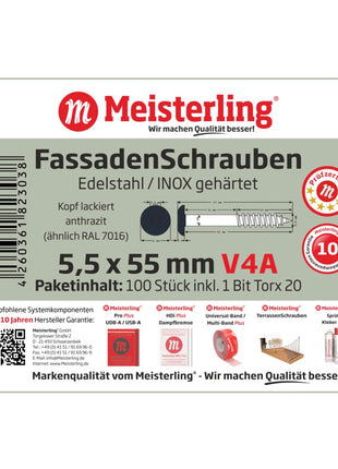 Tornillos para fachada Meisterling 5,5x55 mm 100 piezas (010030000421) 12 mm cabeza plana antracita con rosca parcial Torx Acero inoxidable V4A