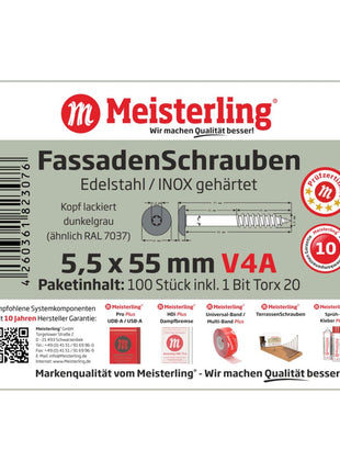 Meisterling Vis de façade 5,5x55 mm, 100 pcs., tête plate 12 mm, filetage partiel, empreinte Torx, acier inoxydable V4A, gris foncé (010030000431)