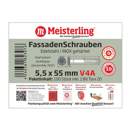 Meisterling Vis de façade 5,5x55 mm, 100 pcs., tête plate 12 mm, filetage partiel, empreinte Torx, acier inoxydable V4A, gris foncé (010030000431)