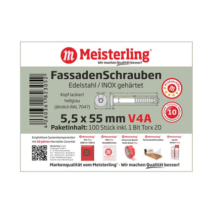 Meisterling Vis de façade 5,5x55 mm, 100 pcs., tête plate 12 mm, filetage partiel, empreinte Torx, acier inoxydable V4A, gris clair (010030000441)