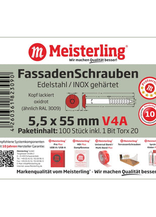 Meisterling Vis de façade 5,5x55 mm, 100 pcs., tête plate 12 mm, filetage partiel, empreinte Torx, acier inoxydable V4A, rouge oxyde (010030000451)