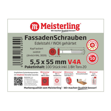 Meisterling Vis de façade 5,5x55 mm, 100 pcs., tête plate 12 mm, filetage partiel, empreinte Torx, acier inoxydable V4A, rouge oxyde (010030000451)