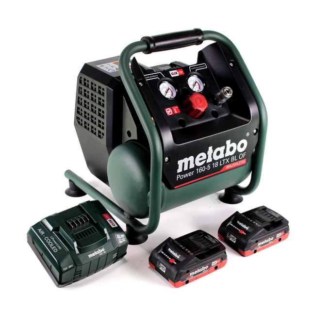 Metabo Power 160-5 18 LTX BL OF compresseur sans fil 18 V 8,0 bars sans brosse + 2x batterie LiHD 4,0 Ah + chargeur + chargeur de batterie.