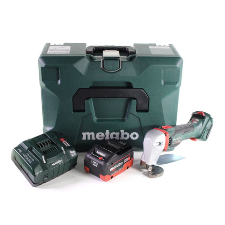 Tijeras de hojalata para batería Metabo SCV 18 LTX BL 1.6 18 V sin escobillas + 1x batería LiHD 8,0 Ah + cargador + MetaLoc