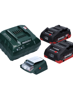 Metabo PA 14,4-18 LED-USB adaptateur secteur pour batterie, kit de base avec 2 batteries LiHD 4,0 Ah + chargeur ASC55