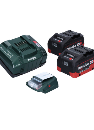 Metabo PA 14,4-18 LED-USB adaptateur secteur pour batterie, kit de base avec 2x batterie LiHD 8,0 Ah + chargeur ASC145