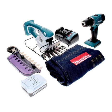 Juego Makita serie DK 14004 G con taladro atornillador inalámbrico DF 347 D 14,4 V + tijeras para césped UM 165 D + 1 batería de 1,3 Ah + cargador + delantal de trabajo