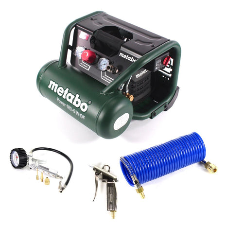 Compresor Metabo Power 180-5 W OF 8 bar 1,1 kW + manguera espiral 7,5 m + pistola de soplado + inflador de neumáticos