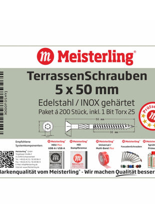 Meisterling Terrassenschrauben 5x50 mm 1200 Stück ( 6x 010010000011 ) CUT Spitze 90° Linsen Senkkopf mit Torx 2/3 Grobgewinde VA Edelstahl