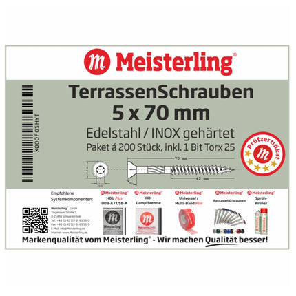 Meisterling Vis pour terrasse 90° 5x70 mm, 1000 pcs., tête fraisée, filetage Torx 2/3, acier inoxydable VA (5x 010010000031)