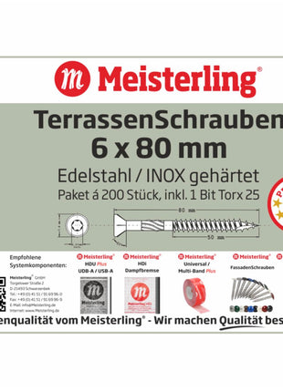 Meisterling Terrassenschrauben 6x80 mm 1000 Stück ( 5x 010010000041 ) CUT Spitze 90° Linsen Senkkopf mit Torx 2/3 Grobgewinde VA Edelstahl