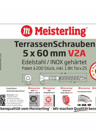 Meisterling Vis pour terrasse 90° 5x60 mm, 1200 pcs., tête fraisée, filetage Torx 2/3, acier inoxydable VA (6x 010010000211)