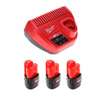 Kit de démarrage de batterie Milwaukee 12 V avec 3 batteries 1,5 Ah + chargeur M12 C12C