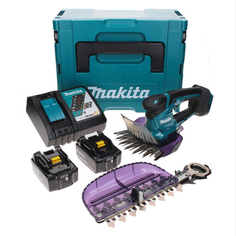 Cisaille à gazon sans fil Makita DUM 604 RFXJ 18 V avec lame de cisaille à herbe et arbustes + 2x batteries 3,0 Ah + chargeur + Makpac