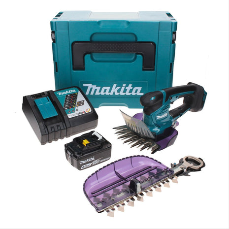 Tijera cortacésped a batería Makita DUM 604 RM1XJ 18 V con cuchilla cortacésped y arbustos + 1x batería 4,0 Ah + cargador + Makpac