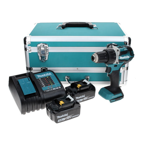 Makita DDF 484 SFTX taladro atornillador a batería 18 V 54 Nm sin escobillas + 2 baterías 3,0 Ah + cargador + juego de brocas de 70 piezas + maletín de aluminio TX